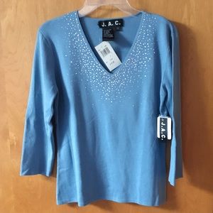 NWT J.A.C. Blue V Neck Rhinestone Top 3/4 Sleeve